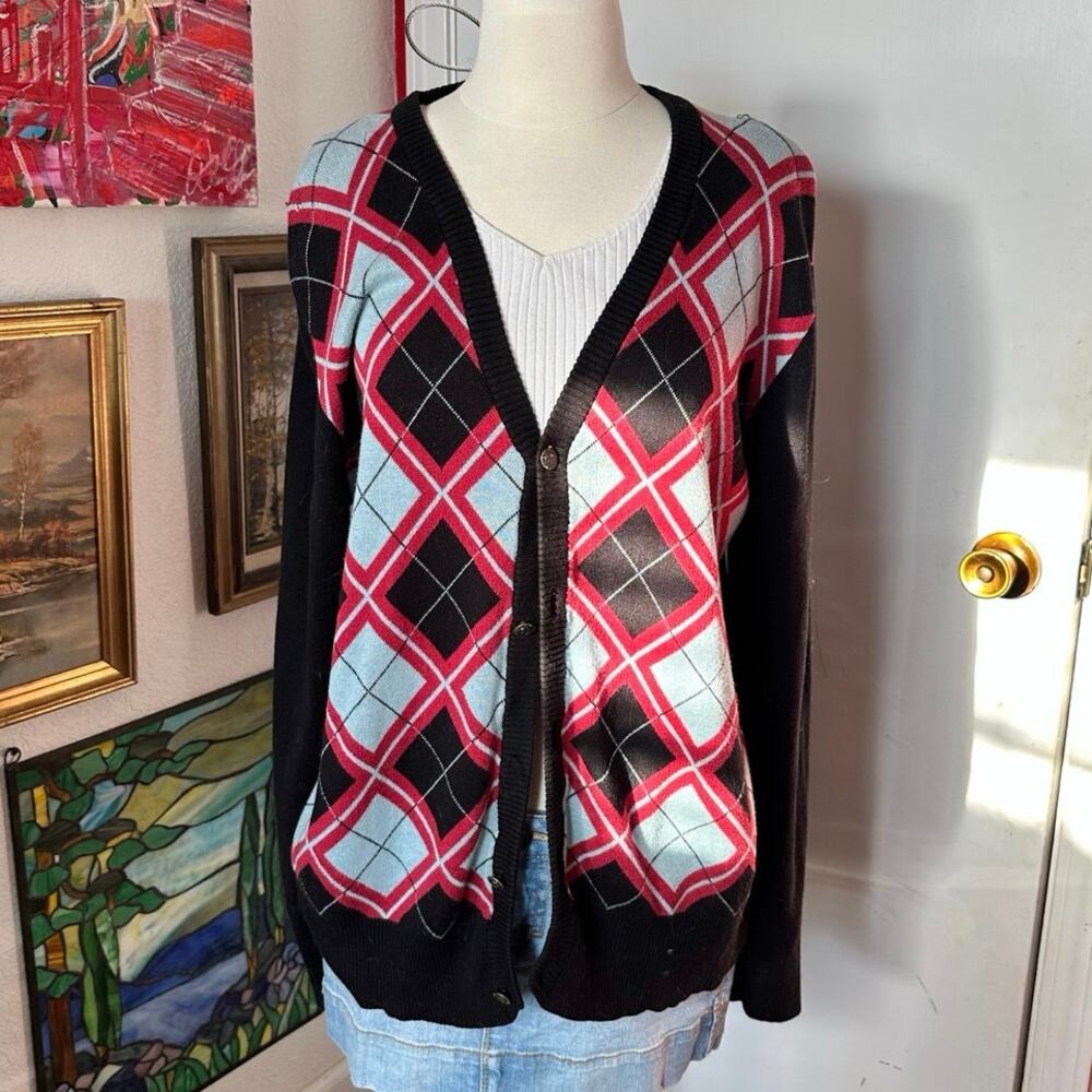 nick danger argyle red black and blue button up cardigan